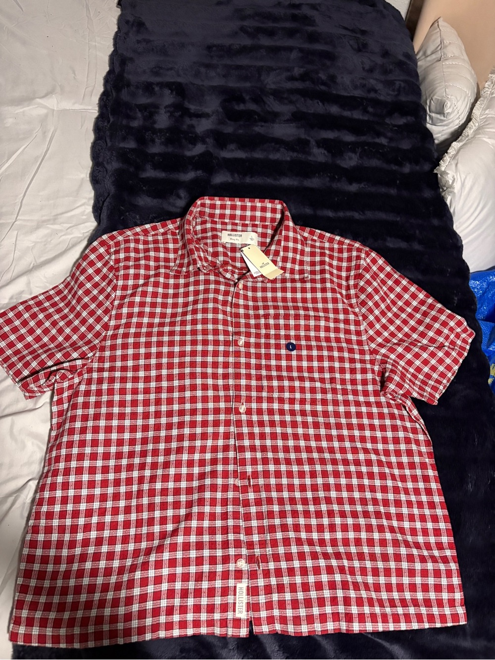 Hollister Red and White Checked Short-Sleeve Button-Down Shirt